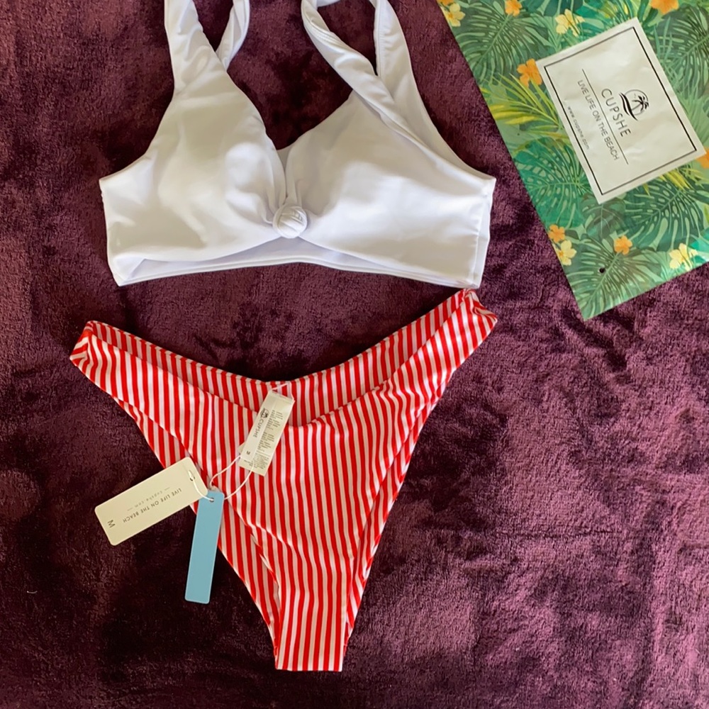NWT Cupshe Bikini tie front red striped bottom